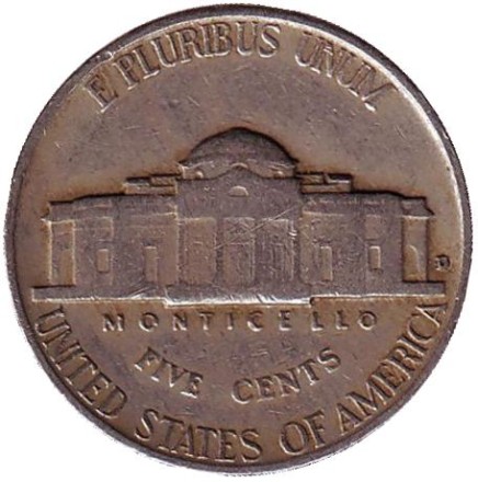 Монета 5 центов. 1946 год (D), США. Джефферсон. Монтичелло. Монета 5 центов. 1946 год (D), США. Джефферсон. Монтичелло.