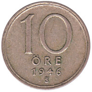 Монета 10 эре. 1946 год. Швеция. (закрытая 6) Монета 10 эре. 1946 год. Швеция. (закрытая 6)