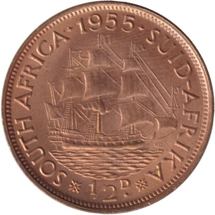 Монета 1/2 пенни. 1955 год, Южная Африка. Корабль "Дромедарис".