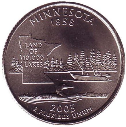 Монета 25 центов (D). 2005 год, США. Миннесота. Штат № 32.