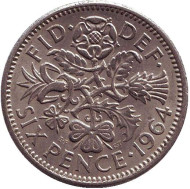 Монета 6 пенсов. 1964 год, Великобритания. Флора: лук-порей, роза, чертополох и трилистник. Монета 6 пенсов. 1964 год, Великобритания. Флора: лук-порей, роза, чертополох и трилистник.