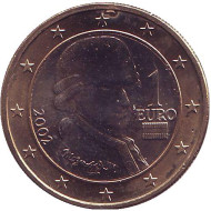 Монета 1 евро. 2002 год, Австрия. Моцарт. Монета 1 евро. 2002 год, Австрия. Моцарт.