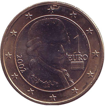 Монета 1 евро. 2002 год, Австрия. Моцарт.