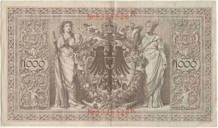 Рейхсбанкнота 1000 марок. 1910 год, Германская империя. P-44b(1). Рейхсбанкнота 1000 марок. 1910 год, Германская империя. P-44b(1).
