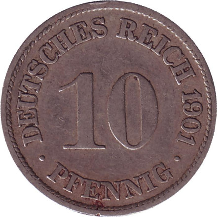 Монета 10 пфеннигов. 1901 год (F), Германская империя.
