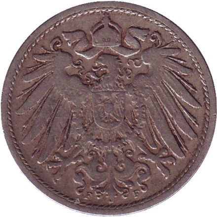 Монета 10 пфеннигов. 1901 год (F), Германская империя. Монета 10 пфеннигов. 1901 год (F), Германская империя.