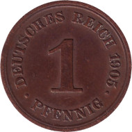 Монета 1 пфенниг. 1905 год (Е), Германская империя. Монета 1 пфенниг. 1905 год (Е), Германская империя.