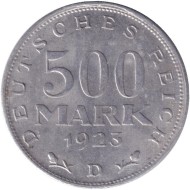 Монета 500 марок. 1923 год (D), Веймарская Республика. Монета 500 марок. 1923 год (D), Веймарская Республика.