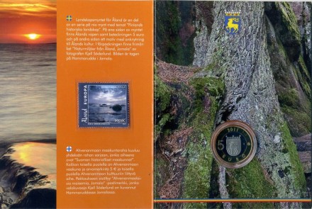 Монета 5 евро в буклете., с маркой. 2011 год, Финляндия. (Пруф) Аланды. Исторические регионы Финляндии. Монета 5 евро в буклете., с маркой. 2011 год, Финляндия. (Пруф) Аланды. Исторические регионы Финляндии.