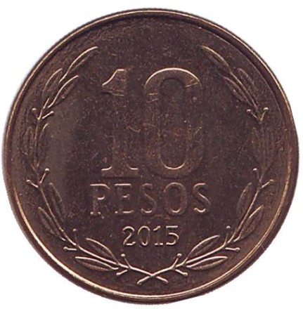 Монета 10 песо. 2015 год, Чили. UNC. (Отметка: "Посох Меркурия") Бернардо О’Хиггинс.