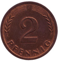 Монета 2 пфеннига. 1964 год (J), ФРГ. Дубовые листья. Монета 2 пфеннига. 1964 год (J), ФРГ. Дубовые листья.