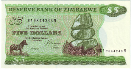 Банкнота 5 долларов. 1983 год, Зимбабве.