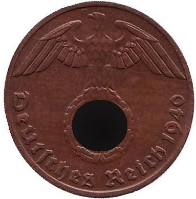 Монета 1 рейхспфенниг. 1940 год, Германия (Третий Рейх). (J). Бронза. Монета 1 рейхспфенниг. 1940 год, Германия (Третий Рейх). (J). Бронза.
