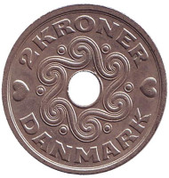 Монета 2 кроны. 1992 год, Дания. Монета 2 кроны. 1992 год, Дания.
