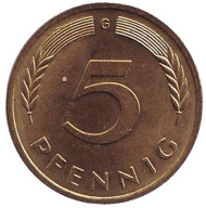 Монета 5 пфеннигов. 1982 год (G), ФРГ. Дубовые листья. Монета 5 пфеннигов. 1982 год (G), ФРГ. Дубовые листья.