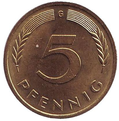Монета 5 пфеннигов. 1982 год (G), ФРГ. Дубовые листья.