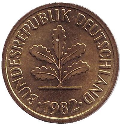 Монета 5 пфеннигов. 1982 год (G), ФРГ. Дубовые листья. Монета 5 пфеннигов. 1982 год (G), ФРГ. Дубовые листья.