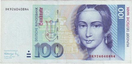 Банкнота 100 марок. 1991 год, ФРГ. Клара Шуман. Рояль.
