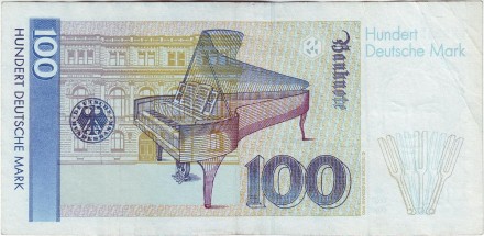 Банкнота 100 марок. 1991 год, ФРГ. Клара Шуман. Рояль.