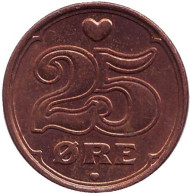 Монета 25 эре. 2007 год, Дания. Монета 25 эре. 2007 год, Дания.