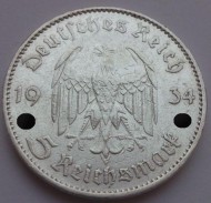 Монета 5 рейхсмарок. 1934 год, Германия (Третий Рейх). (E). Кирха без даты. Монета 5 рейхсмарок. 1934 год, Германия (Третий Рейх). (E). Кирха без даты.