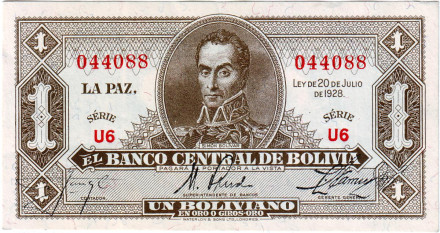 Банкнота 1 боливиано. 1928 год, Боливия. Номер 128а(7). Симон Боливар.