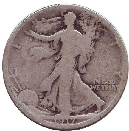 Монета 50 центов. 1917 год (S), США. (Отметка ниже венка) Шагающая свобода.