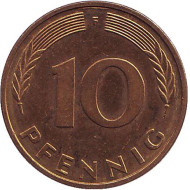 Монета 10 пфеннигов. 1994 год (F), ФРГ. Дубовые листья. Монета 10 пфеннигов. 1994 год (F), ФРГ. Дубовые листья.