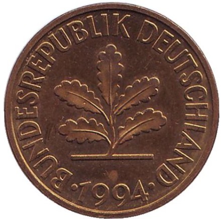 Монета 10 пфеннигов. 1994 год (F), ФРГ. Дубовые листья. Монета 10 пфеннигов. 1994 год (F), ФРГ. Дубовые листья.