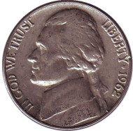 Монета 5 центов. 1962 год, США. Джефферсон. Монтичелло. Монета 5 центов. 1962 год, США. Джефферсон. Монтичелло.