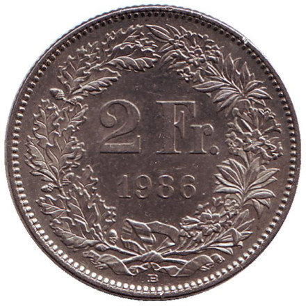 Монета 2 франка. 1986 (B) год, Швейцария. Гельвеция.