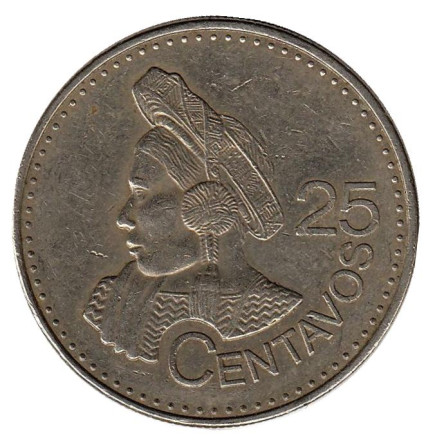 Монета 25 сентаво. 2011 год, Гватемала. Из обращения. Индианка.