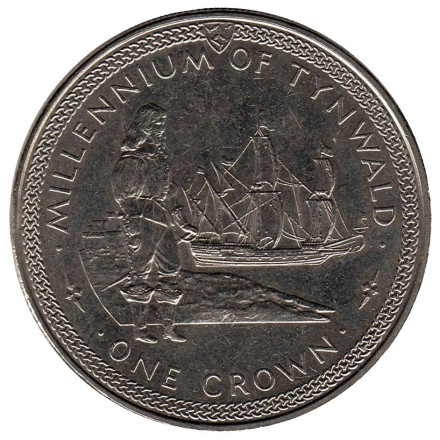 Монета 1 крона. 1979 год, Остров Мэн. 1000 лет Тинвальду. Ост-индский корабль.