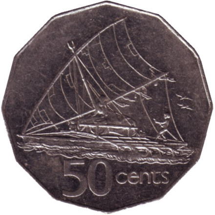Монета 50 центов. 1997 год, Фиджи. Фиджийское каноэ Такиа (Каунитони).