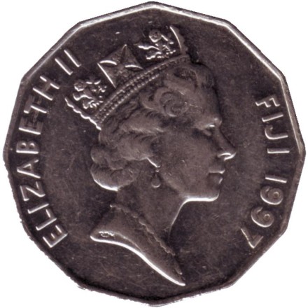 Монета 50 центов. 1997 год, Фиджи. Фиджийское каноэ Такиа (Каунитони).