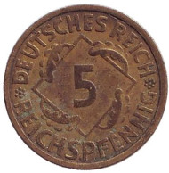 Монета 5 рейхспфеннигов. 1935 год (А), Веймарская республика. Монета 5 рейхспфеннигов. 1935 год (А), Веймарская республика.