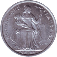 Монета 2 франка. 1979 год, Французская Полинезия. Монета 2 франка. 1979 год, Французская Полинезия.