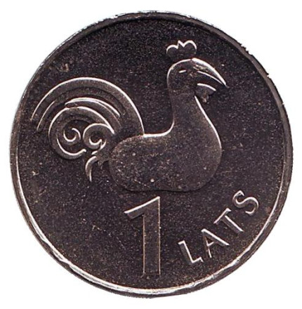 Монета 1 лат, 2005 год, Латвия. Петушок (Петух церкви Святого Петра).