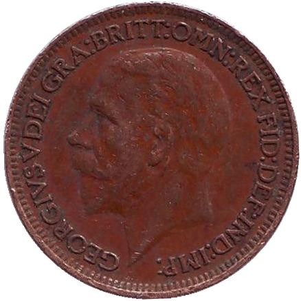 Монета 1 фартинг. 1928 год, Великобритания.