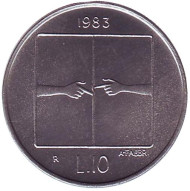 Монета 10 лир. 1983 год, Сан-Марино. Угроза ядерной войны. Монета 10 лир. 1983 год, Сан-Марино. Угроза ядерной войны.