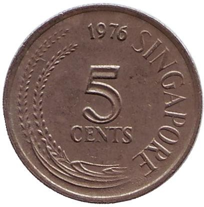 Монета 5 центов. 1976 год, Сингапур. Большая белая цапля.