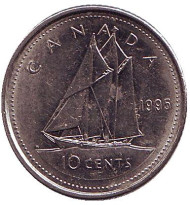 Монета 10 центов. 1995 год, Канада. Парусник. Монета 10 центов. 1995 год, Канада. Парусник.