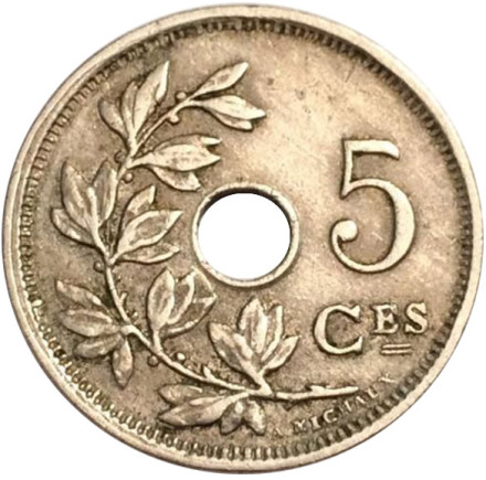 Монета 5 сантимов. 1925 год, Бельгия. (Belgique)