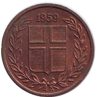 Монета 1 аурар. 1959 год, Исландия.