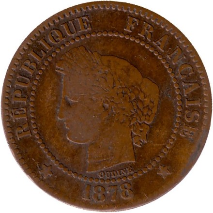 Монета 2 сантима. 1878 год, Франция. 
