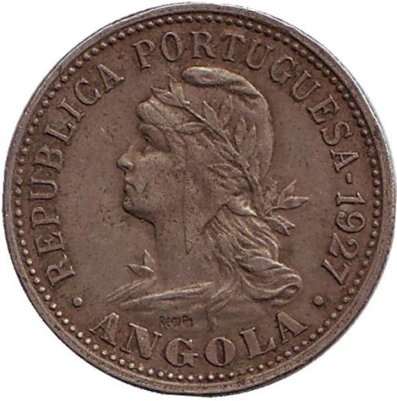 Монета 20 сентаво. (4 макуты). 1927 год, Ангола в составе Португалии.