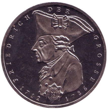 Монета 5 марок. 1986 год, ФРГ. 200 лет со дня смерти Фридриха II Великого.