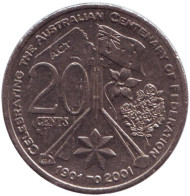Монета 20 центов. 2001 год, Австралия. 100-летие образования Федерации. Австралийская столичная территория. Монета 20 центов. 2001 год, Австралия. 100-летие образования Федерации. Австралийская столичная территория.