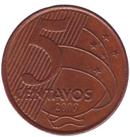 Монета 5 сентаво. 2009 год, Бразилия. Тирадентис. Монета 5 сентаво. 2009 год, Бразилия. Тирадентис.