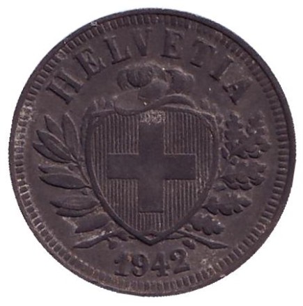Монета 2 раппена. 1942 год, Швейцария. Монета 2 раппена. 1942 год, Швейцария.